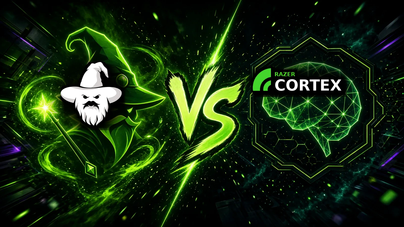 Versus: oficjalne logo SmoothWizard (lewo) kontra logo Razer Cortex (prawo), duze VS na srodku. Grafika AI z nalozeniami logotypow.