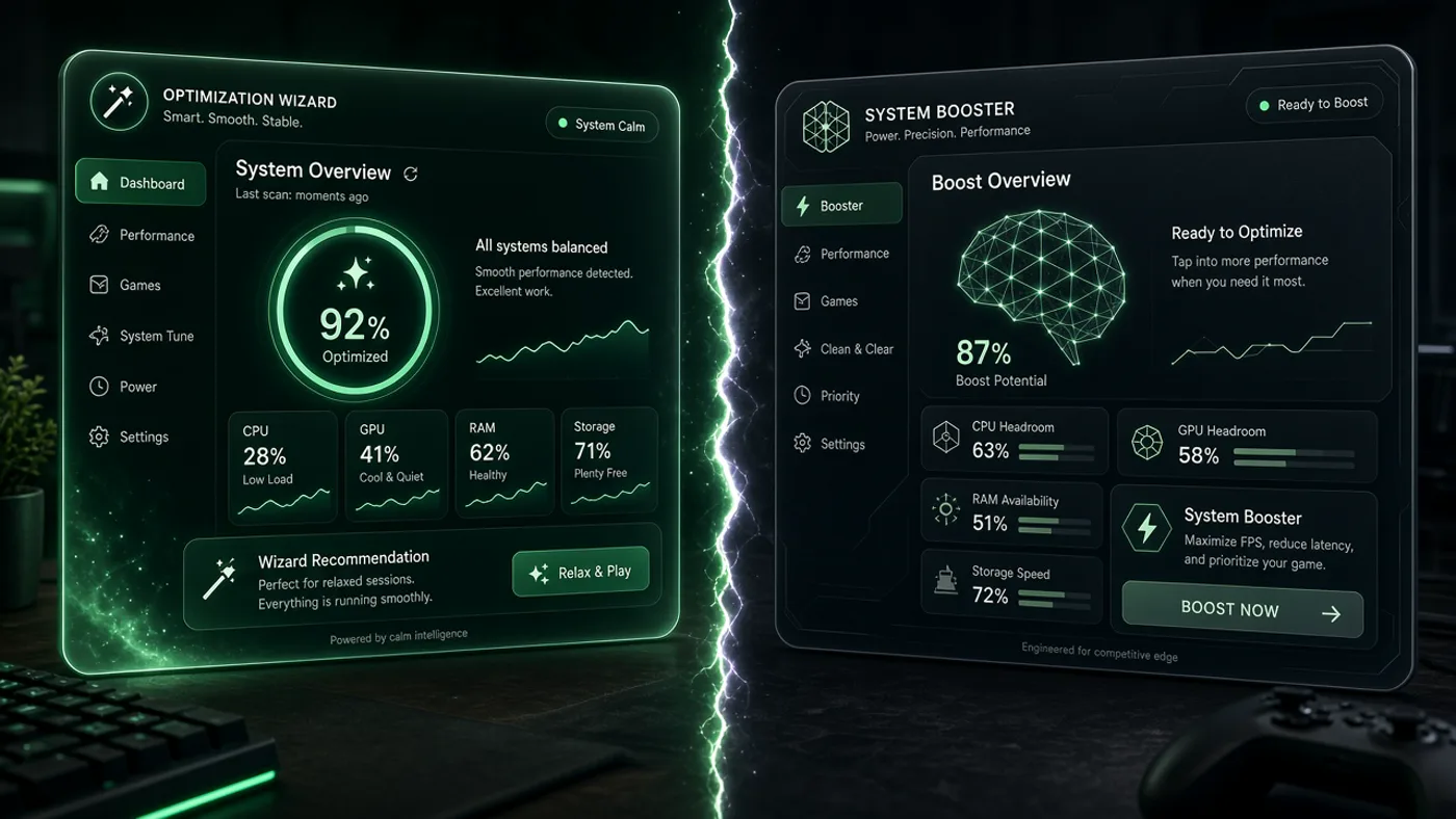 Wygenerowane przez AI: split-screen - kokpit SmoothWizard (zielony) vs booster Cortex (ciemny panel) na biurku gracza.