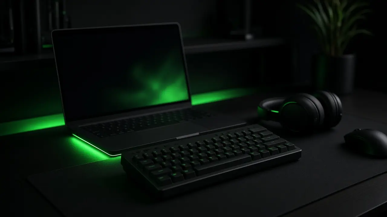 AI generated: a gamer desk with green RGB glow. Not a game screenshot.