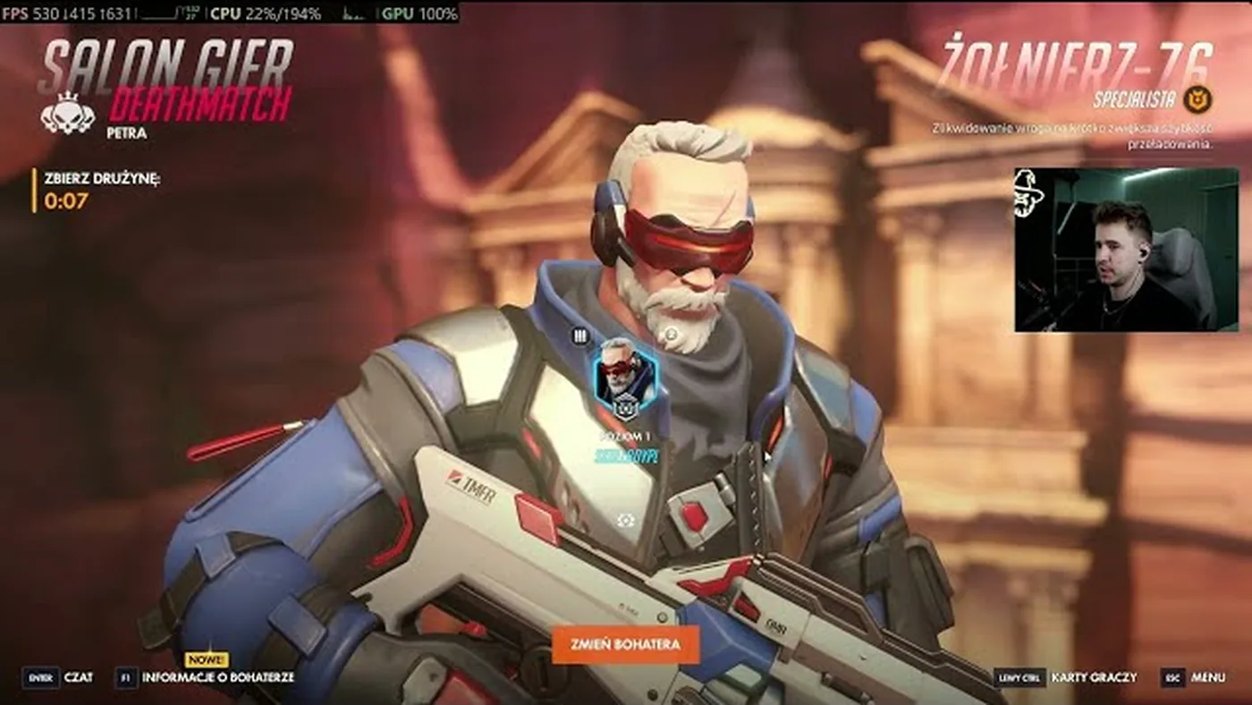 Soldier: 76 on the Overwatch 2 deathmatch hero screen. An FPS overlay and a webcam inset sit in the corners. Not the settings menu.