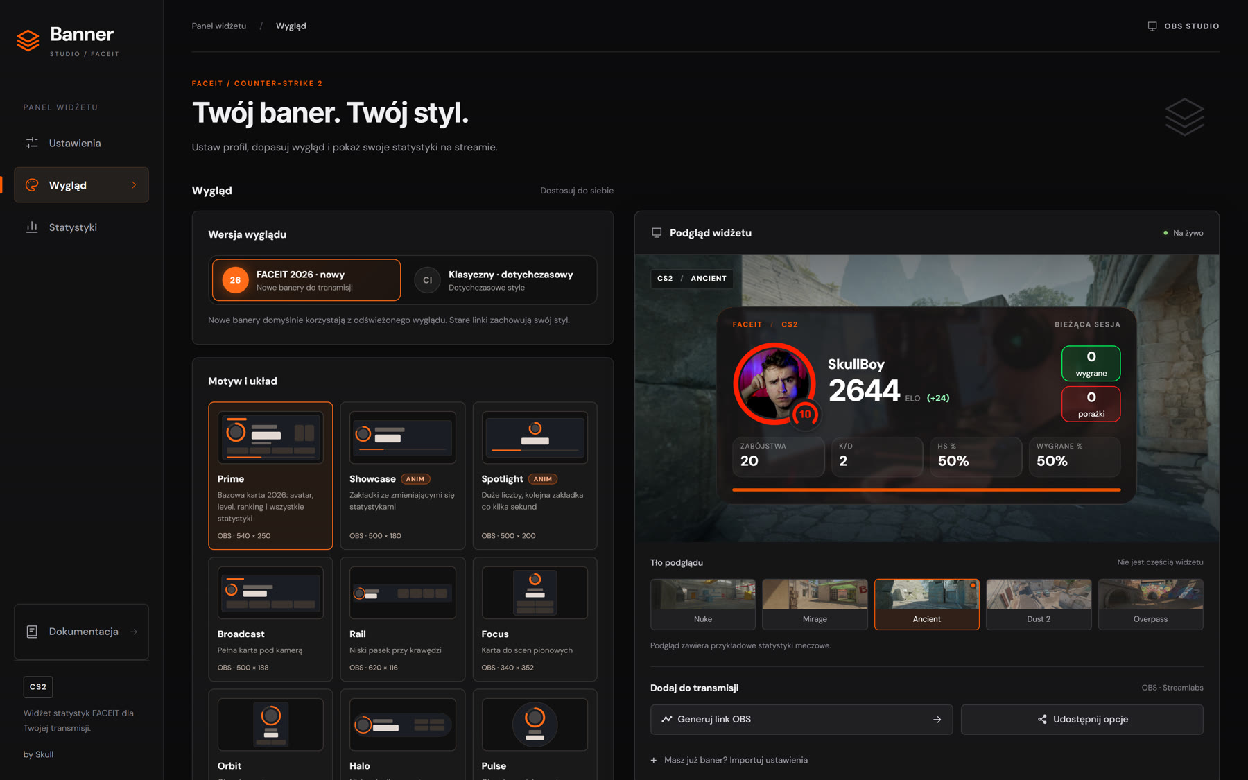 FACEIT Banner Studio generator: nickname, layouts, and live preview