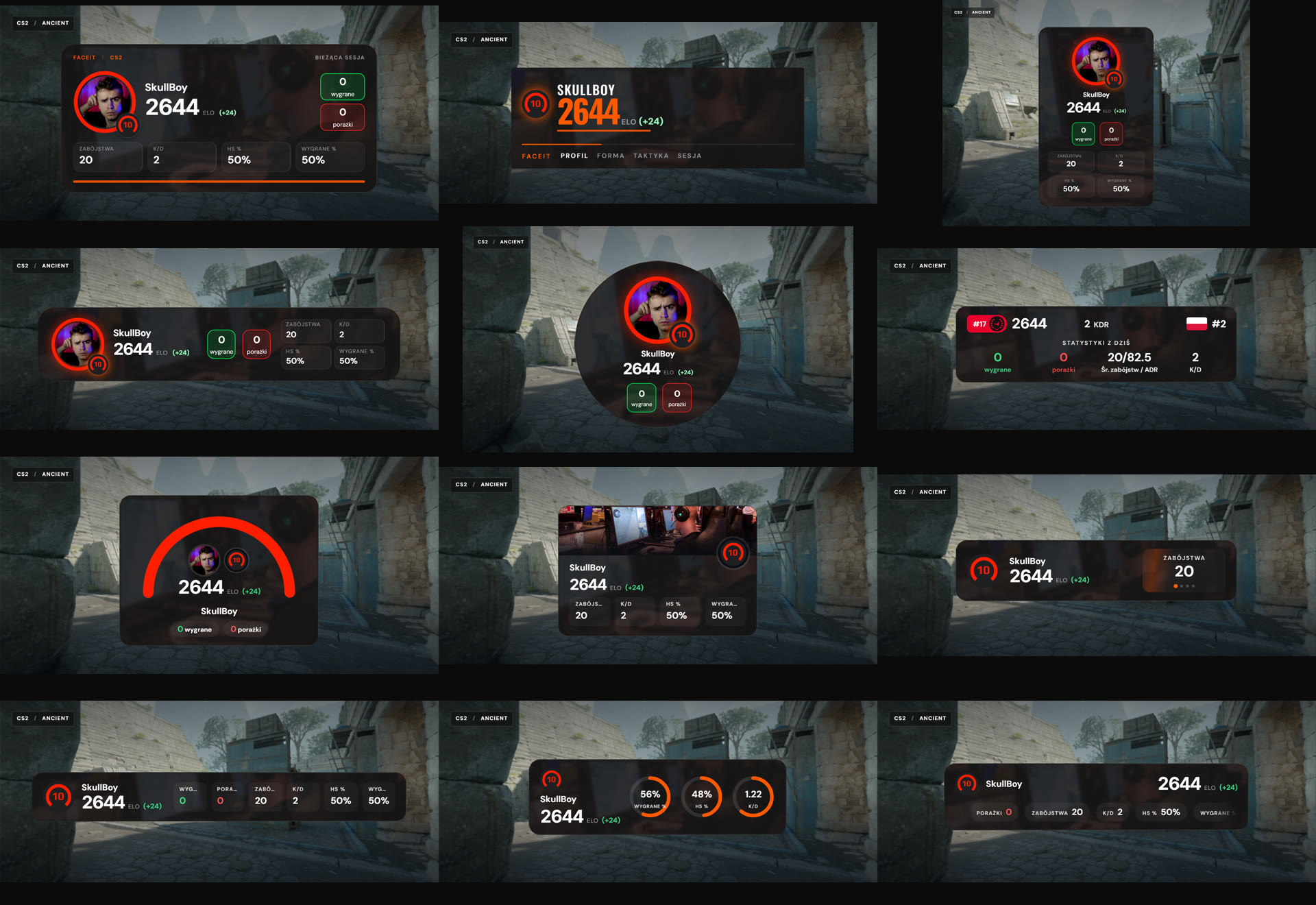 Gallery of solo FACEIT banner layouts for OBS