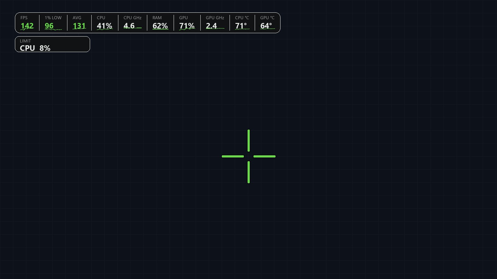 SmoothWizard overlay: full FPS bar, 1% low, average, CPU, GPU, limit chip, and a center crosshair