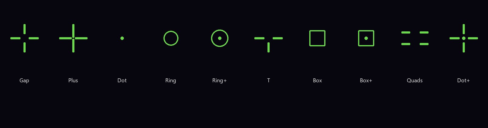 Ten crosshair shapes: gap, plus, dot, ring, T, box, and quadrants